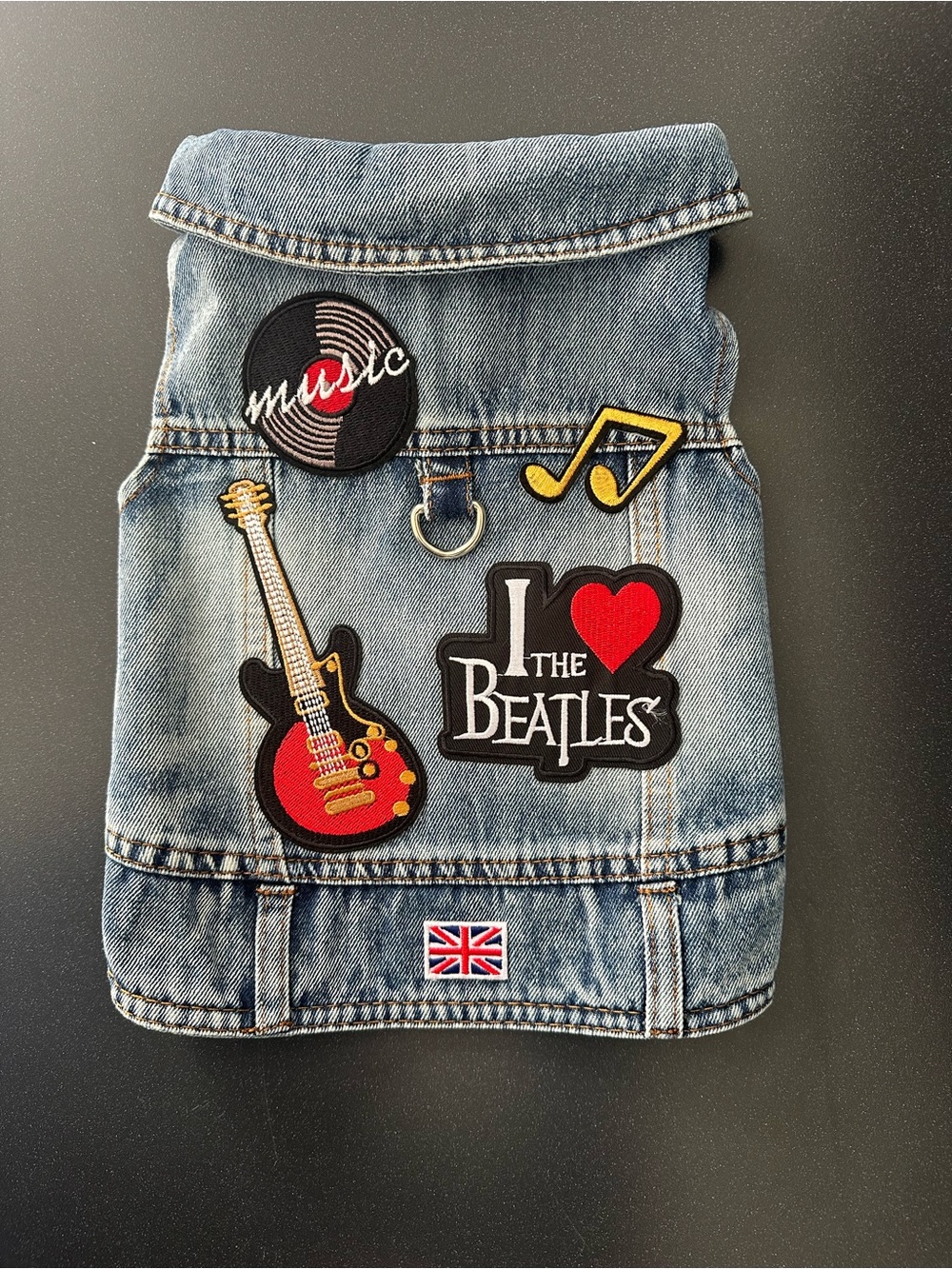 Denim Dog Jacket with Music Patches - I ❤ The Beatles